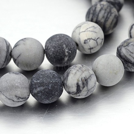 Frosted Round Natural Black Silk Stone/Netstone Bead Strands G-J276-65-10mm-1