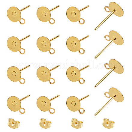 Unicraftale 100pcs 6mm tray golden flat round earring post kit 304 de acero inoxidable flat round post ear studs with loop and ear nuts for diy earring making STAS-UN0007-11G-1