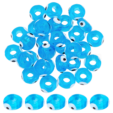 SUPERFINDINGS 1Strand about 30Pcs Evil Eye Lampwork Glass Beads 9.5~10.5x5~5.5mm Flat Round Spacer Loose Beads Dodger Blue Handmade Evil Eye Beads for DIY Jewelry Bracelet Making LAMP-FH0001-05-1
