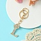 Golden Alloy Rhinestone Keychain, with Alloy Clasp and Iron Rings, Letter L, 10cm, Pendant: 44mm
