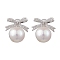 Natural Pearl Ear Studs, with Sterling Silver Micro Pave Clear Cubic Zirconia Findings, Bowknot, Platinum, 18x17mm