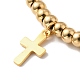 Vacuum Plating 304 Stainless Steel Cross Charm Bracelet with 201 Stainless Steel Round Beads for Women BJEW-B057-24G-3