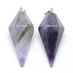 Natural Amethyst Pointed Pendants, with Brass Findings, Bullet, Platinum, 38.5x16x14.5mm, Hole: 5x8mm