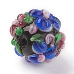 Perline murano fatto a mano, rondelle con fiore, accidentato, blu, 14~15x12~13mm, Foro: 1.5~1.8 mm