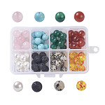 Mixed Stone Beads Sets, Resin Imitation Amber & Natural Lava Rock & Synthetic Green Turquoise & Natural Rose Quartz & Natural Red Agate & Natural Agate & Dyed Shell Pearl & Natural Dalmation Jasper, 10mm, Hole: 2mm, about 10pcs/compartment, about 80pcs/box