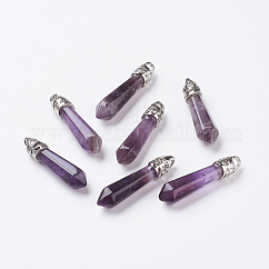 Ametista naturale ha ciondoli, con i risultati in lega di tono platino, proiettile, 33~40x8~9x8~9mm, Foro: 3x4 mm
