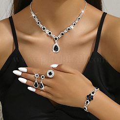 Modische Messing Strass Armbänder & Ohrringe & Halsketten & Ringe Sets&nbsp;FS-WG0E119-03