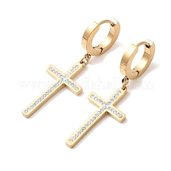 Pendientes de aro con cruz de acero inoxidable 304 y arcilla polimérica con rhinestone.&nbsp;EJEW-G453-11G-02