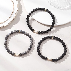 Pulsera elástica de cuentas redondas de larvikita natural&nbsp;BJEW-JB13057