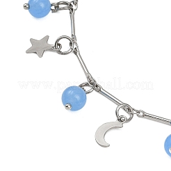 Chaîne de cheville ronde en acier inoxydable 201 avec pendentif en forme d'étoile de lune et de jade malaisien teinté naturel&nbsp;AJEW-AN00732-02