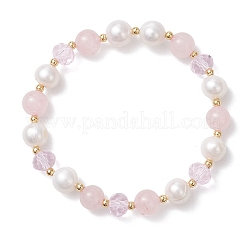 Pulseras elásticas de cuarzo rosa natural y perlas cultivadas de agua dulce&nbsp;BJEW-JB12856-02