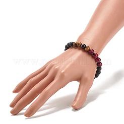 Set di 4 braccialetti elasticizzati con perline rotonde in 4 colori di occhio di tigre naturale e agata nera (tinta).&nbsp;BJEW-JB08086