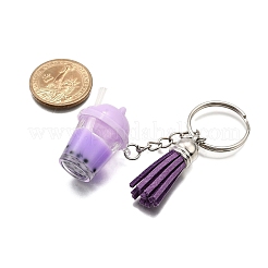 Porte-clés en résine imitation bubble tea avec pompon en faux daim et porte-clés à pompon en imitation daim.&nbsp;KEYC-JKC01203-01