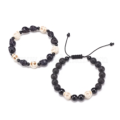 Juego de pulseras de cuentas trenzadas con calavera de piedras preciosas mixtas y roca de lava natural de 2 estilos 2 Uds.&nbsp;BJEW-JB08381