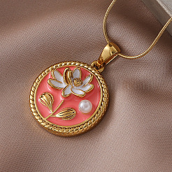 Colliers pour femmes en acier inoxydable chirurgical 316 émaillé avec pendentif rond plat en forme de fleur et perle d'imitation&nbsp;YH4414