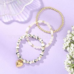 Set di 3 braccialetto elastico a forma di cuore con perline di porcellana stampate&nbsp;BJEW-JB14204-01