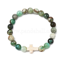 Pulseras elásticas de cuentas redondas y en cruz de jaspe verde natural y turquesa sintética para mujer y hombre&nbsp;BJEW-JB13926-02
