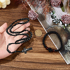 Kreuz Polyester gewebte Holzperlen Gebetsanhänger Halsketten & Stretch-Armbänder Sets&nbsp;SJEW-DC0001-01