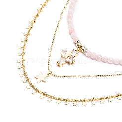 3pcs 3 style colliers pendentif croix et étoile en quartz rose naturel sertis de chaînes en laiton&nbsp;NJEW-JN04032