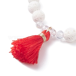 Braccialetti elastici con perline in pietra lavica naturale a 3 colori e zirconi cubici con charm con nappa&nbsp;BJEW-JB07599