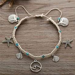 Bracelets de cheville tressés en alliage de style bohème avec breloques d'animaux marins&nbsp;FS-WGB3C8E-01