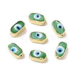 Handmade Evil Eye Lampwork Beads, with Brass Findings, Lead Free & Cadmium Free, Long-Lasting Plated, Oval, Light Green, 14~14.5x7.5~8.5x5.5~6mm, Hole: 0.9~1.4mm