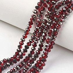 Placcare trasparente perle di vetro fili, metà nero placcato, sfaccettato, rondelle, rosso scuro, 3.5x3mm, Foro: 0.4 mm, circa 123~127pcs/filo, 13.7~14.1 pollice (35~36 cm)