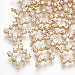 Latón charms de circonio cúbico, con abs de plástico imitación perla, rombo, real 18k chapado en oro, 14x11.5x3mm, agujero: 1.2 mm