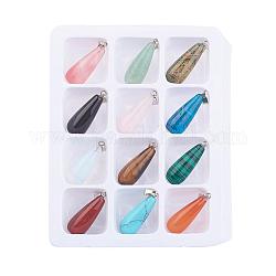 Ciondoli gemstone, con chiusure in ottone, pietra misto, lacrima, colore misto, 30x11mm, Foro: 6x2 mm, 12pcs/scatola