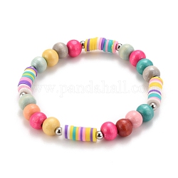 Bracelets extensibles pour enfants, y compris les perles de bois naturel teintes, perles de disque en pâte polymère faites à la main et 304 perles rondes en acier inoxydable, colorées, diamètre intérieur: 1-3/4 pouce (4.6 cm)