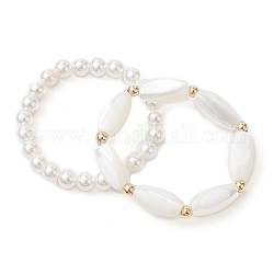 2Pcs 2 Style Shell Pearl Round & Oval Beaded Stretch Rings Set, Stackable Rings with Brass Beaded, White, Inner Diameter: 18~19mm, 1Pc/style