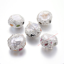Perles de nacre naturelle, avec strass d'argile polymère et pierre précieuse, pépites, 22.5~25x16.5~19mm, Trou: 1mm