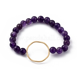 Bracelets en perles extensibles en améthyste naturelle ronde, bracelets fins et chaînes, avec anneau de liaison en alliage plaqué or mat, diamètre intérieur: 2-3/8 pouce (6.2 cm)