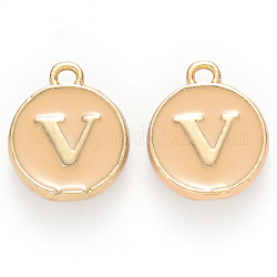 Golden Plated Alloy Enamel Charms, Cadmium Free & Lead Free, Enamelled Sequins, Flat Round with Letter, Wheat, Letter.V, 14x12x2mm, Hole: 1.5mm