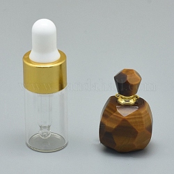 Подвески-флаконы из натурального тигрового глаза, с латунными находками и стеклянными бутылками с эфирным маслом, 30~36x18~20x9.5~16 мм, отверстие : 0.8 мм, Емкость стеклянной бутылки: 3 мл (0.101 жидких унции), Емкость драгоценного камня: 1 мл (0.03 жидких унции)