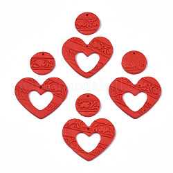 Handmade Fimo Anhänger, geprägt, Herz & flach rund, rot, 18~32x18~38x3 mm, Bohrung: 1.6~1.8 mm, 2 Stück / Set
