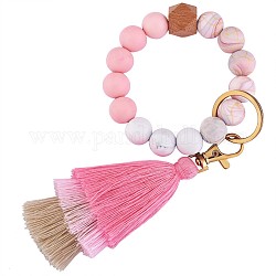 Bracelet porte-clés bracelet porte-clés en perles de silicone avec pompon style bohème porte-clés poignet pour femmes et filles, rose, 22 cm
