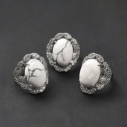 Anillos ajustables de howlita natural, anillos ovalados de latón en tono platino para mujer, sin plomo y cadmio, nosotros tamaño 7 3/4 (17.9 mm), 3.5~5mm