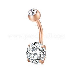 Piercing Jewelry, Brass Cubic Zirconia Navel Ring, Belly Rings, with 304 Stainless Steel Bar, Lead Free & Cadmium Free, Flat Round, Rose Gold, Clear, 21x8mm, Bar: 15 Gauge(1.5mm), Bar Length: 3/8