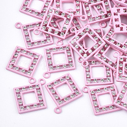 Colgantes de aleación pintados en spray, con diamante de imitación, rombo, cristal, rosa perla, 26x22.5x2.5mm, agujero: 2 mm