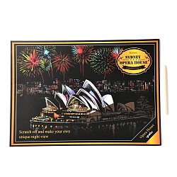 Papier d'art peinture arc-en-ciel à gratter, bricolage vue nocturne de la ville, avec du papier cartonné et des bâtons, Opéra, Sydney, 40.5x28.4x0.05 cm