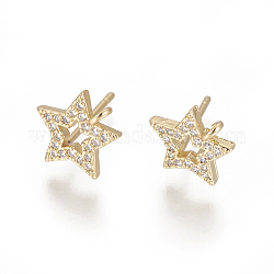 Brass Stud Earring Findings, with Cubic Zirconia and Loop, Star, Clear, Golden, 10.5x10mm, Hole: 1.2mm, Pin: 0.8mm