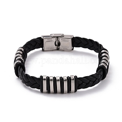 Men's Silicone Cord Braided Cord Bracelet, Rectangle Titanium Steel Beads Friendship Bracelet, Black, Stainless Steel Color, 8-5/8 inch(22cm)