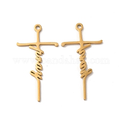Ion Plating(IP) 304 Stainless Steel Pendants, Laser Cut, Cross with Word Pray Charm, Real 18K Gold Plated, 39.5x20x1mm, Hole: 2mm