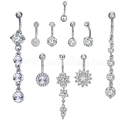 Brass Piercing Jewelry, Belly Rings, with Glass Rhinestone, Mixed Shapes, Platinum, 21~64mm, bar: 15 Gauge(1.5mm), bar length: 3/8