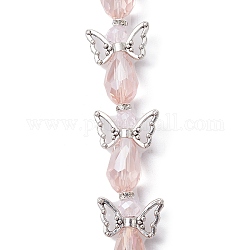 Brins de perles de verre galvanisées en forme de fée d'ange, avec des perles d'ailes en alliage de style tibétain, rose, 26~28x18~26x10mm, Trou: 0.8mm, Environ 4 pcs/chapelet, 3.858~4.09'' (9.8~10.4 cm)