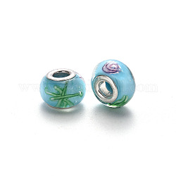 Perles européennes vernissées manuelles, perles de rondelle avec grand trou , en laiton de tonalité de platine noyaux doubles, avec motif de fleurs, lumière bleu ciel, 14~16x9~10mm, Trou: 5mm