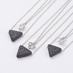 Natural Lava Rock Brass Two-Tiered Necklaces, Double Layer Necklaces, with Brass Micro Pave Cubic Zirconia Pendant, Triangle, Platinum, 15.9 inch(40.5cm)
