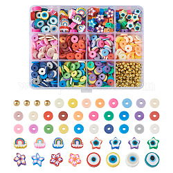 Cheriswelry DIY Beads Schmuckherstellung Kit, einschließlich Böser Blick & Stern & Regenbogen & Blume & Scheibe Fimo & Abstandsperlen aus Messing, Mischfarbe, 869 Stück / Karton