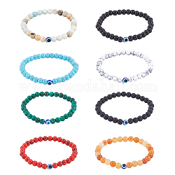 FIBLOOM 8Pcs 8 Style Natural & Synthetic Mixed Gemstone & Evil Eye Round Beaded Stretch Bracelets Set, Inner Diameter: 2 inch(5.2cm), 1Pc/style
